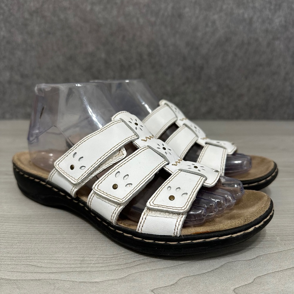 Clarks Leisa Spring White Leather Slide Sandals Womens Size 7.5 M Comfort Shoes